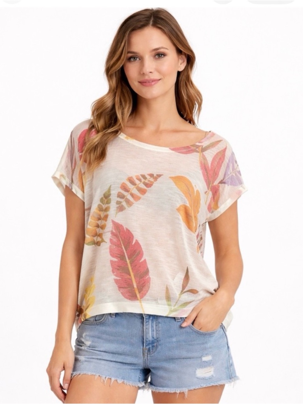 Cynthia Rowley Cream Tee with Pink, Orange, Yellow & Purple Leaf Print
